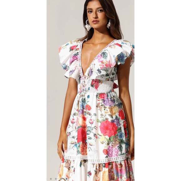 Bella‎ Burnett  Floral Print Maxi Dress Ruffle Sleeve Smocked Waist Tie - Picture 3 of 12